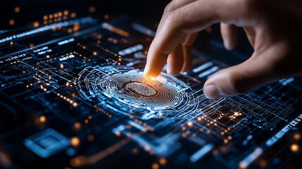 Poster - close up of hand interacting with digital fingerprint scanner, showcasing technology and security. vibrant blue and orange lights create futuristic atmosphere
