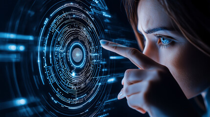 Fototapete - Futuristic technology concept with woman interacting with digital interface, showcasing advanced data visualization and blockchain elements. scene evokes curiosity and innovation