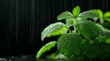 Poster - vibrant green plant with water droplets glistening on its leaves, surrounded by dark background and rain falling gently, creating refreshing atmosphere