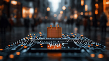 Poster - futuristic visualization of blockchain technology with digital briefcase on circuit board, symbolizing innovation and security in business