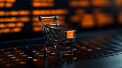 Poster - miniature shopping cart on laptop keyboard symbolizes online shopping and e commerce. glowing background adds modern touch to digital shopping experience