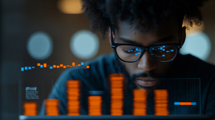 Aufkleber - focused financial planner analyzes data on digital screen, showcasing graphs and statistics. scene highlights concentration and professionalism in finance
