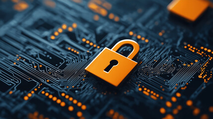 Aufkleber - digital illustration featuring orange padlock on circuit board background, symbolizing cybersecurity and data protection. design conveys sense of security and technology