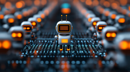 Aufkleber - Futuristic robots in digital landscape, showcasing automation and technology. scene is vibrant with glowing elements, creating sense of innovation and advancement