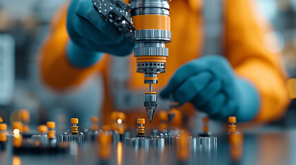 Leinwandbilder - Automated machinery in factory setting, showcasing precision engineering and assembly. worker uses advanced tools to enhance productivity and efficiency