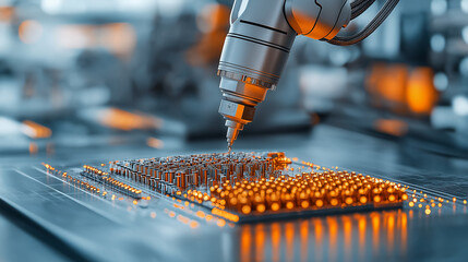 Poster - advanced robotic arm working on circuit board, showcasing precision and technology in modern environment. glowing components highlight innovation and automation