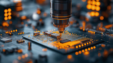 Aufkleber - intricate close up of circuit board with glowing orange components, showcasing advanced technology and precision engineering. image captures essence of modern electronics