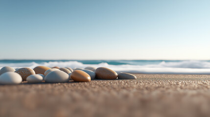 Aufkleber - serene coastal scene featuring smooth pebbles on sandy beach, with gentle waves lapping at shore under clear blue sky