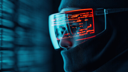 Fototapete - cyber analyst wearing futuristic glasses analyzes data in dark environment, showcasing advanced technology and focus. scene conveys sense of urgency and innovation