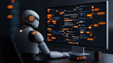 Leinwandbilder - futuristic robot interacting with computer screen displaying data and chat messages, showcasing advanced AI technology and cybernetic design. scene is illuminated with vibrant orange accents