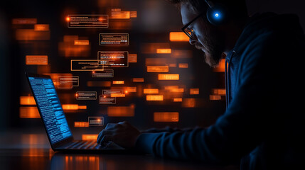 Poster - focused hacker working on laptop, surrounded by glowing code and data streams, creating vibrant atmosphere of technology and innovation