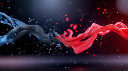 Leinwandbilder - Artistic visualization of digital war between red and blue waves, showcasing dynamic movement and vibrant colors. scene is filled with particles and dramatic background