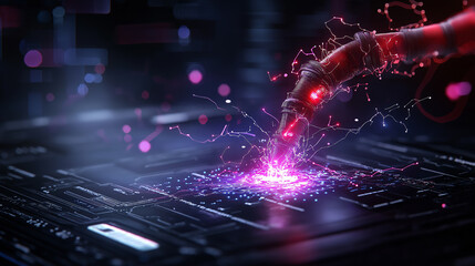 Poster - artistic visualization of digital war, featuring robotic arm emitting sparks and energy on circuit b
