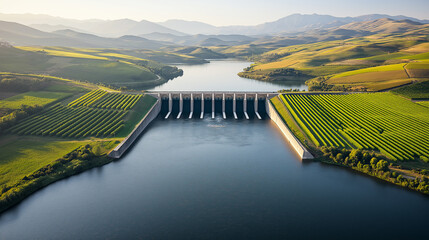 Poster - stunning hydroelectric dam surrounded by lush green hills and serene lake, showcasing beauty of nature and renewable energy