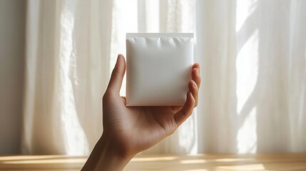 Poster - Hand Holding Sleek White Packaging Minimalist Composition on White Background