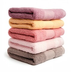 Wall Mural - A stack of towels in different colors, including pink, yellow, and purple. The towels are piled on top of each other, creating a colorful and vibrant display