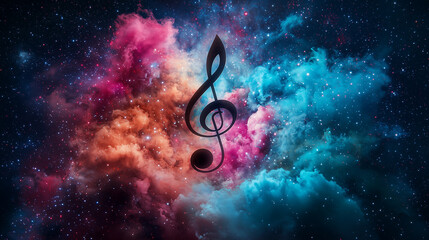 Cosmic Melody: A single treble clef, a symbol of music, stands out against a breathtaking backdrop of swirling nebulae and twinkling stars.