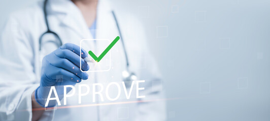 Wall Mural - doctor in gloves approving a decision with a glowing green checkmark, symbolizing successful approva