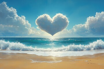 serene tropical beach heart-shaped cloud blue sky ocean waves sand sunlight summer vacation paradise