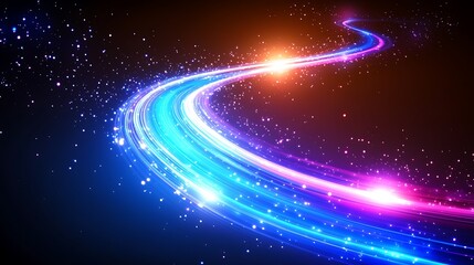 Wall Mural - abstract glowing light trails curve, vibrant colors, dark background.