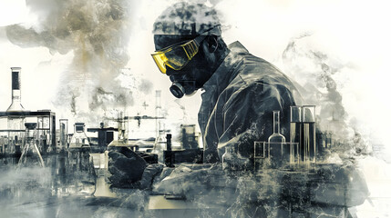 Poster - A scientist in protective gear conducts experiments in a laboratory filled with glassware.