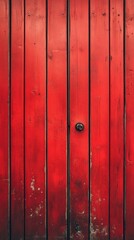 Weathered red wooden door framed by a textured brown wood wall