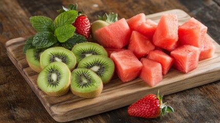 Poster - Fresh Watermelon Kiwi and Strawberry on Wooden Cutting Board