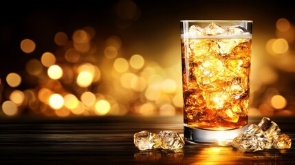 Aufkleber - Refreshing Glass of Sparkling Beverage with Ice on Wooden Table