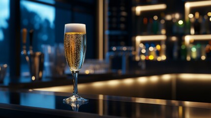 Poster - Sparkling Champagne Glass on Elegant Bar Counter in Soft Lighting