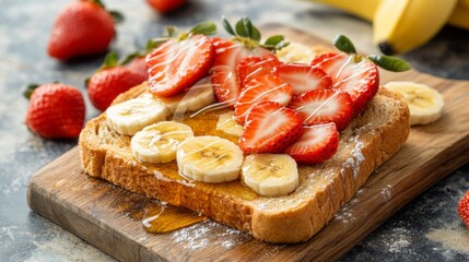 Poster - Delicious Toast with Fresh Strawberries and Bananas Covered in Honey