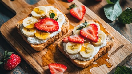 Poster - Delicious Toast with Strawberries and Bananas on Wooden Board