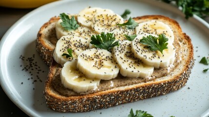 Poster - Tasty Whole Grain Toast with Banana and Seeds on a White Plate