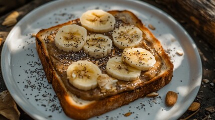 Poster - Toast with Peanut Butter and Banana Slices on a Rustic Plate