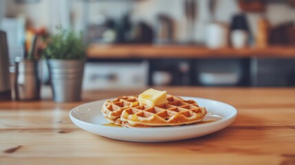 Poster - Delicious Homemade Waffles with Butter on Plate in Cozy Cafe Setting