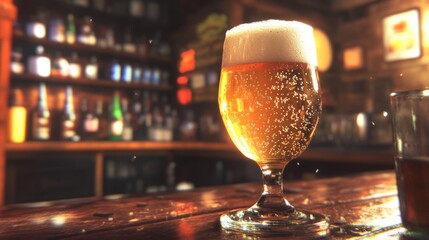 Poster - Refreshing Cold Beer in a Glass with Foamy Head in Bar Setting