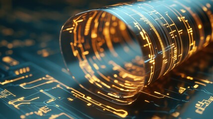 Poster - Abstract close-up of a futuristic digital circuit rolled up, showcasing intricate glowing patterns and technology-inspired designs in a captivating tech environment.