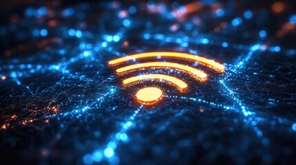 Poster - Futuristic Digital Landscape with Wi-Fi Symbol and Neon Lights in Cyberpunk Style