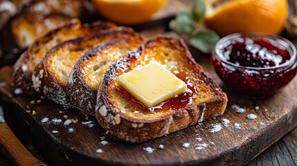 Poster - Toasted Bread with Butter and Jam on Wooden Board with Orange