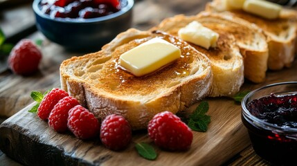 Poster - Delicious Toast with Butter and Jam on Rustic Wooden Table