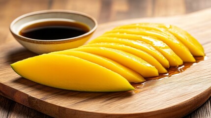 Poster - Sliced Fresh Mango on Wooden Board with Sweet Sauce in Bowl