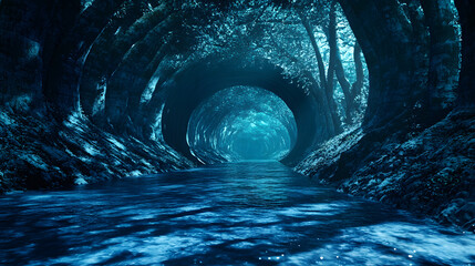 Poster - A serene, mystical tunnel of trees over a flowing river, illuminated by an ethereal blue light, creating a tranquil atmosphere