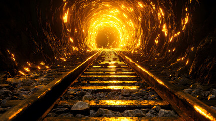 Poster - A dark tunnel with glowing golden light at the end, showcasing train tracks leading into an illuminated, mysterious space
