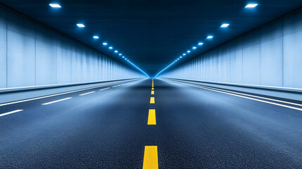 Poster - A dimly lit tunnel with a long, straight highway, illuminated by overhead lights, creating a sense of depth and perspective