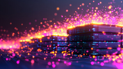 Aufkleber - A vibrant, abstract representation of stacked technology, illuminated by colorful sparks and lights, evoking a sense of innovation and digital advancement