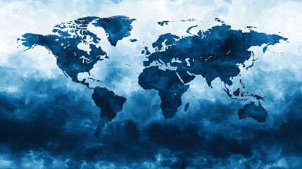 Poster - A stylized world map in shades of blue, featuring a textured background that suggests depth and movement