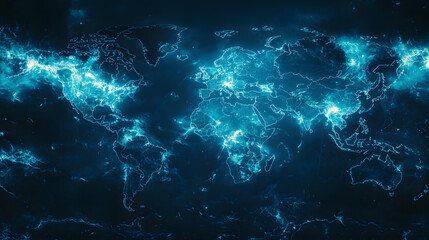 Poster - A vibrant, digital representation of the world, showcasing interconnected networks and glowing lines across a dark background, symbolizing global connectivity
