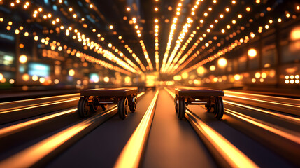 Aufkleber - A vibrant, dynamic scene featuring illuminated tracks and two carts, creating a sense of movement through a tunnel of lights