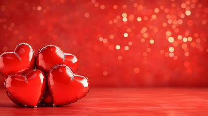 Aufkleber - A cluster of shiny red hearts against a vibrant red background, decorated with soft bokeh lights, evoking feelings of love and romance