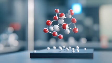 Poster - 3D Visualization of Molecular Structure with Red and White Atoms Representing Chemical Bonds in a Modern Scientific Environment