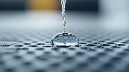 Poster - Close-Up of Water Droplet Falling on Textured Surface Reflecting Light in a Soft, Blurred Background, Capturing the Essence of Fluid Dynamics and Nature's Beauty